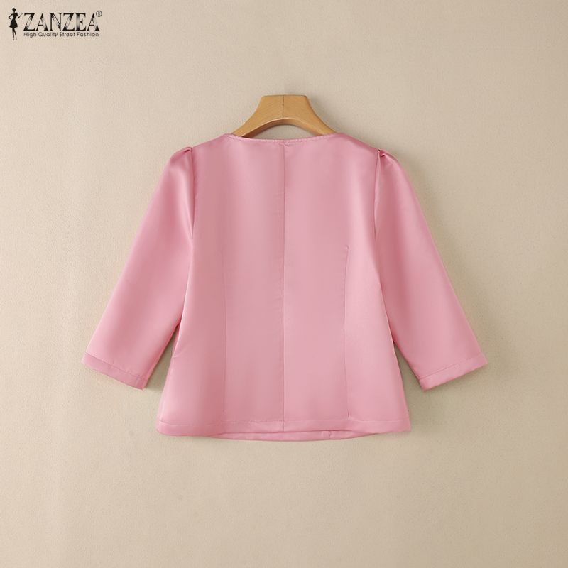 ZANZEA Women Casual Round Neck 3/4 Sleeve Loose Satin Blouse