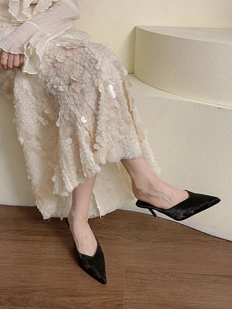 2025 spring new thin pointed head thin heel V mouth Muller high heel temperament bag head half slippers women's outer wear