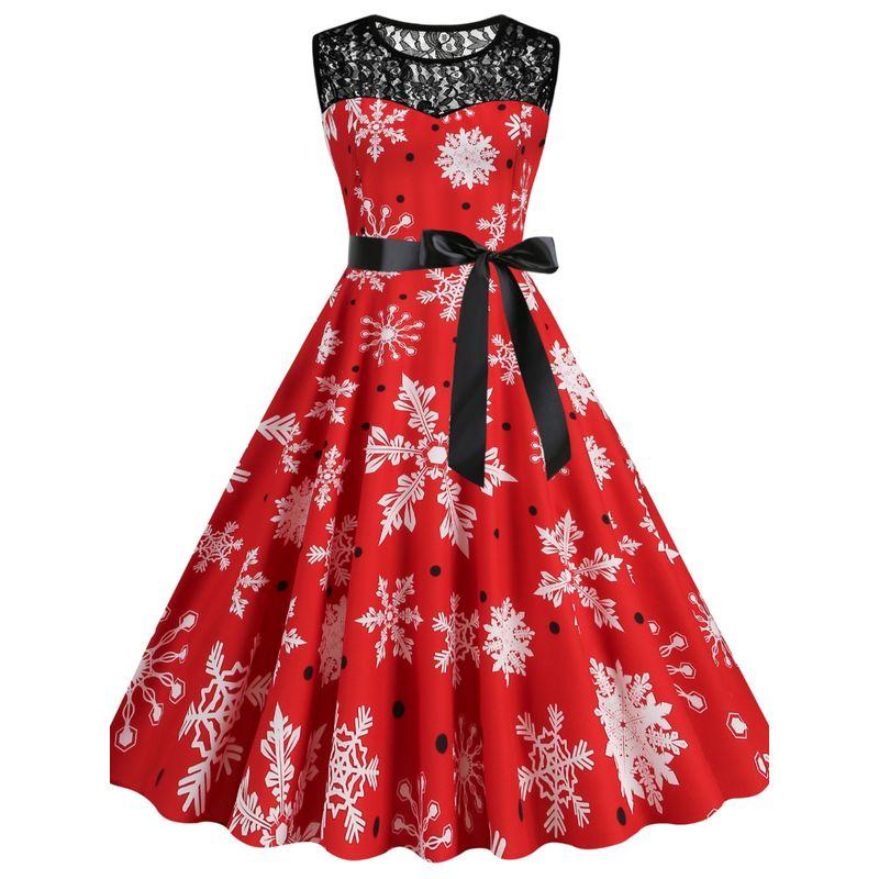 Fashion Round Neck Lace Patchwork Christmas Gingham Mid Length Long Length Sleeveless Dress Side Zipper Belt Dress for Women