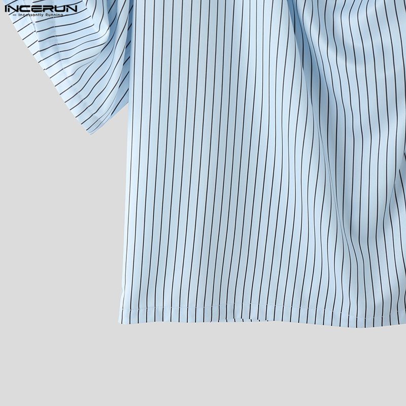 INCERUN Oversized Men Swing Collar Half Sleeve Striped Casual Loose Shirts