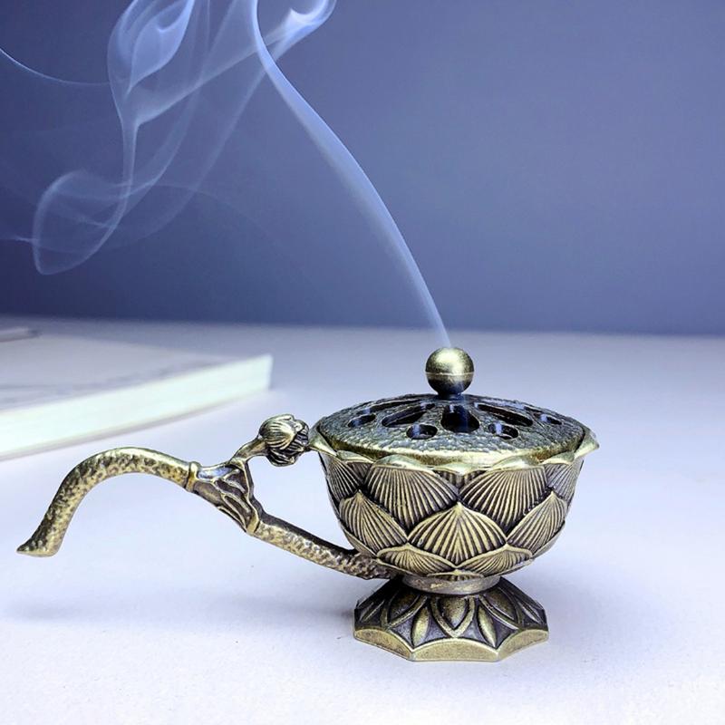 1p Creative Retro Incense Lotus Incense Handheld Alloy Antique BrassBurner Home Office Table Small Metal Craft Home Decor