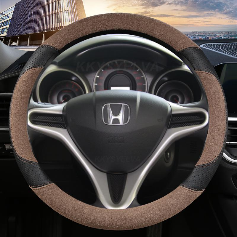 Suede Cow Leather Car Steering Wheel Cover For Honda Fit Jazz City 2009-2013 ight 2010 -2014 Civic 2004-2014 Auto Accessories