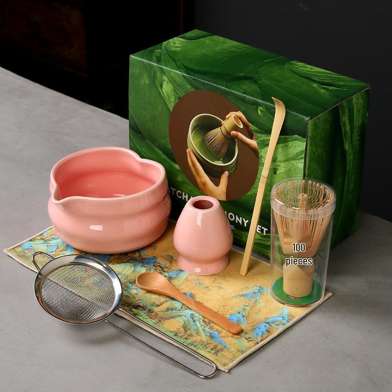 Japanese Heart-shaped Matcha Bowl Set with Whisk and Brush for Tea Ceremony