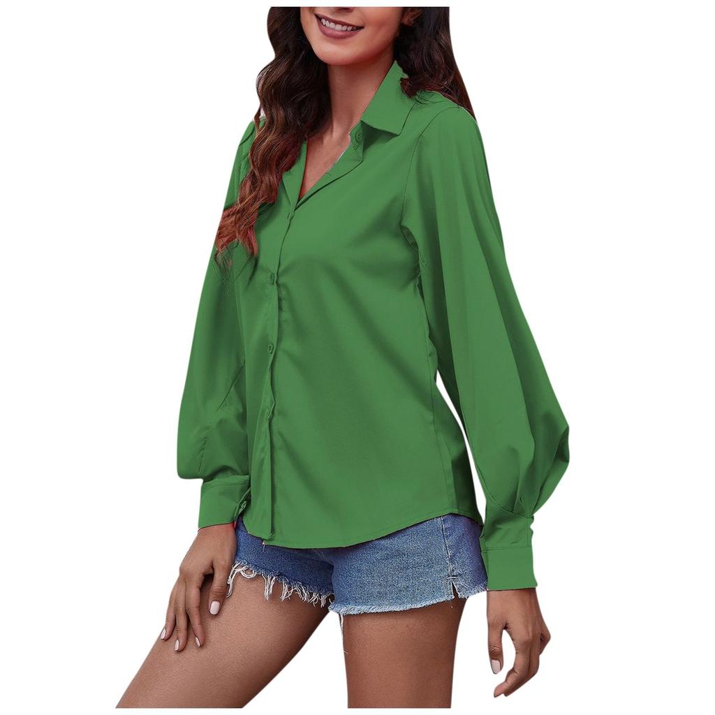 Women's Slim Fit Solid Color Lapel Long Sleeve Shirt Top T-Shirt