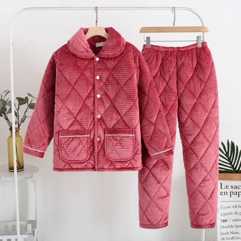 Three-Layer Fleece-Lined Quilted Winter Pajama Set for Elderly Women - Warm Coral Fleece Home Wear & Outerwear