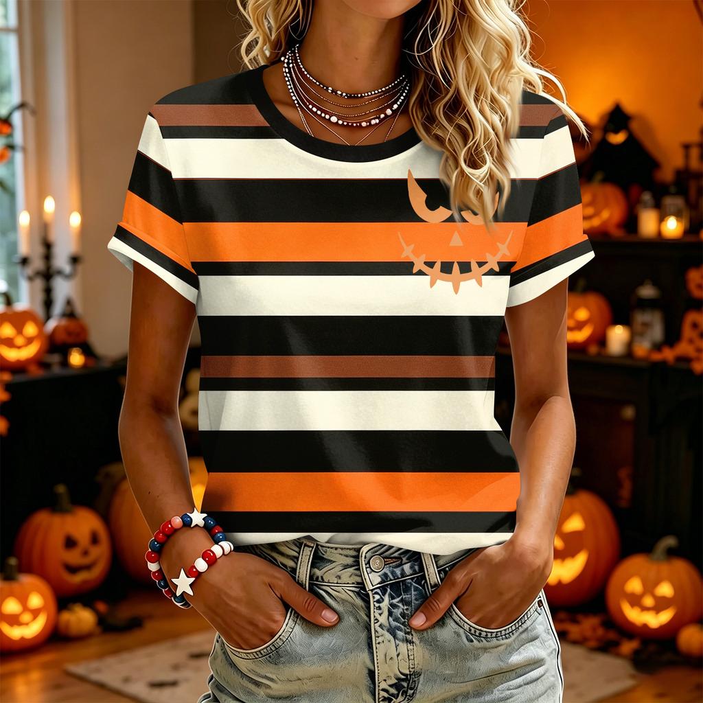 Women's Casual Short Sleeve T-Shirt with Halloween Print for Holiday Party Wear