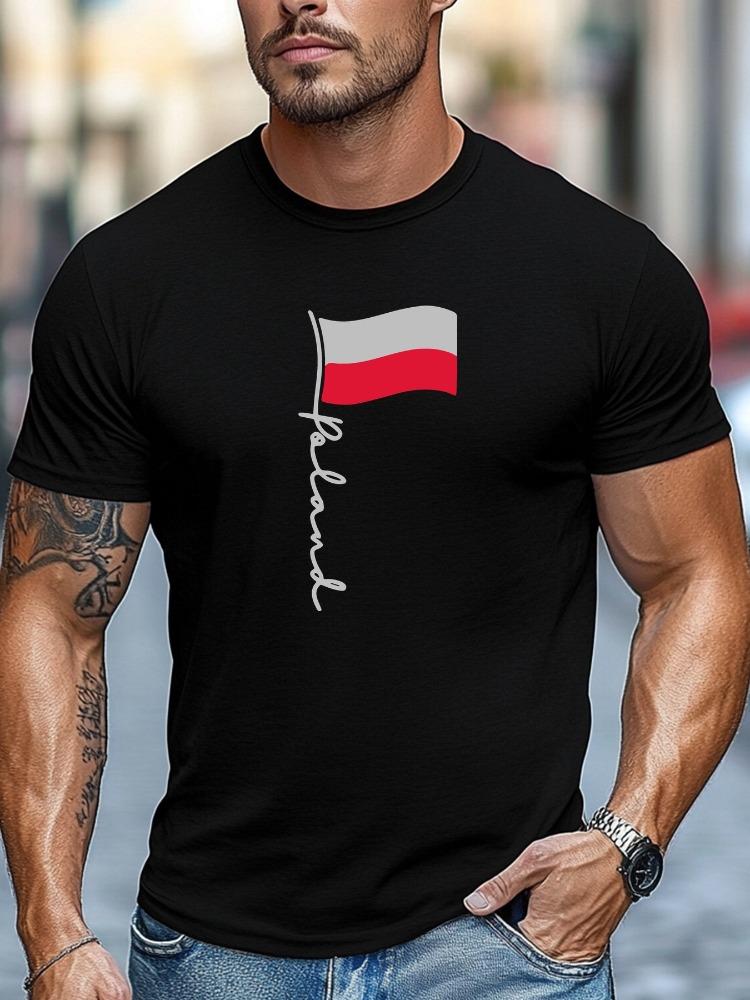 Unisex Black Crew Neck Tee Handwritten Poland Script Waving Polish National Flag Graphic Soft Short Sleeve Patriot Loose Male Tops