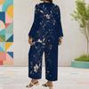 Women Plus Size Two Piece Pants Set Round Neck Long Sleeve Printed Dark Blue Layered Top Wide Leg Pants