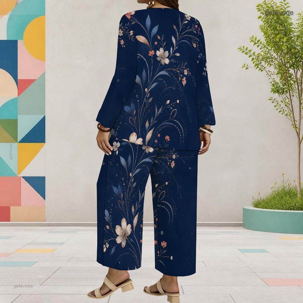 Women Plus Size Two Piece Pants Set Round Neck Long Sleeve Printed Dark Blue Layered Top Wide Leg Pants