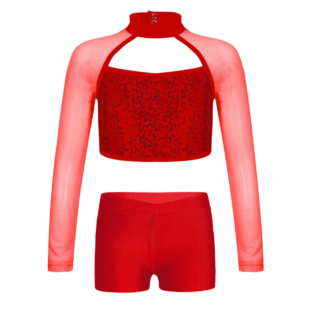 Girls Shiny Sequins Crop Top Sheer Mesh Mock Neck Long Sleeve Cutout V Waistband Shorts Dance Outfit