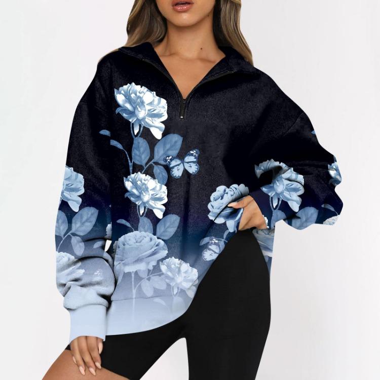 Women's Fashion Casual Oversized Drop Shoulder Floral Print Long Sleeve Zipper Sweatshirts Outdoor