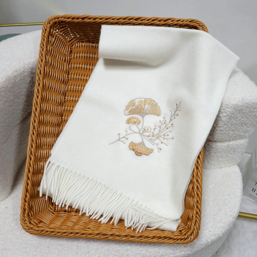 New Year's Embroidered Wool Scarf for Autumn and Winter Thickened Warm Scarf With Tassel