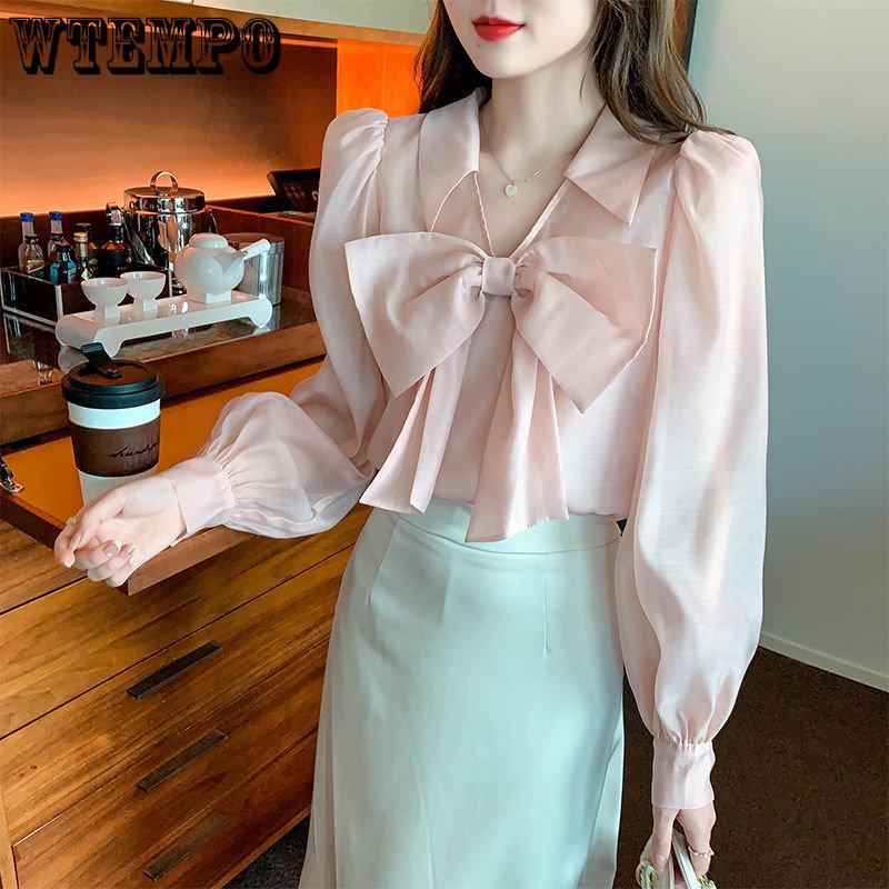 Early Spring Women's Shirt Chiffon V-neck Bowknot Shirt Small Crowd Style Pink Chiffon Shirt with Design