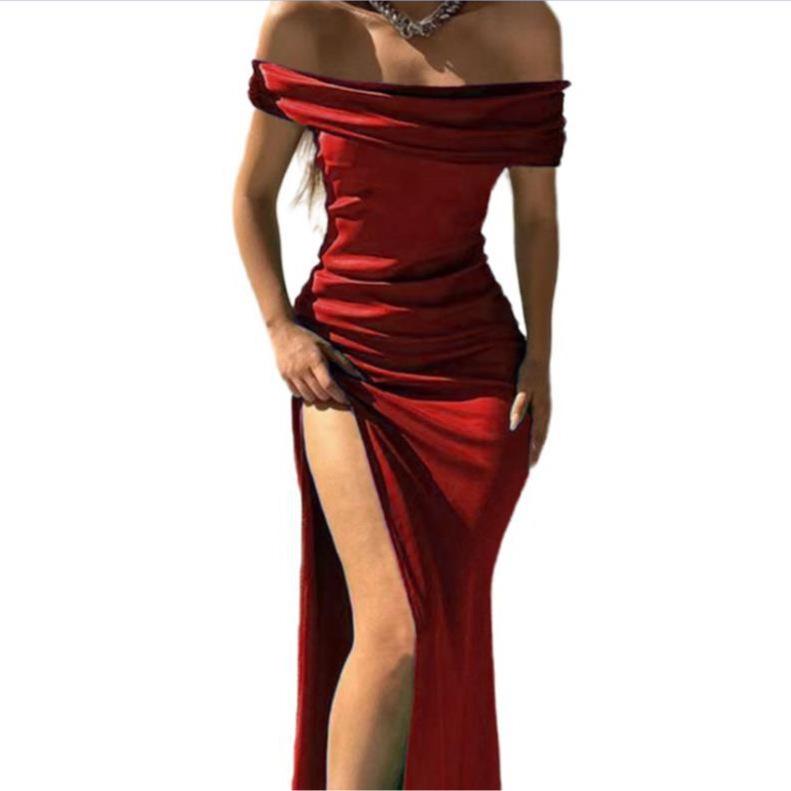 Solid Color European & American Style One-Shoulder Slit Long Dress - Classy, Sexy, Shiny