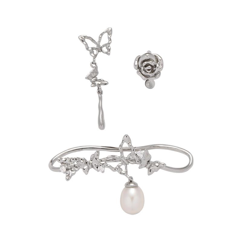 Sweet and cool butterfly earrings combination personalized flower ear clips temperament cold wind stud earrings