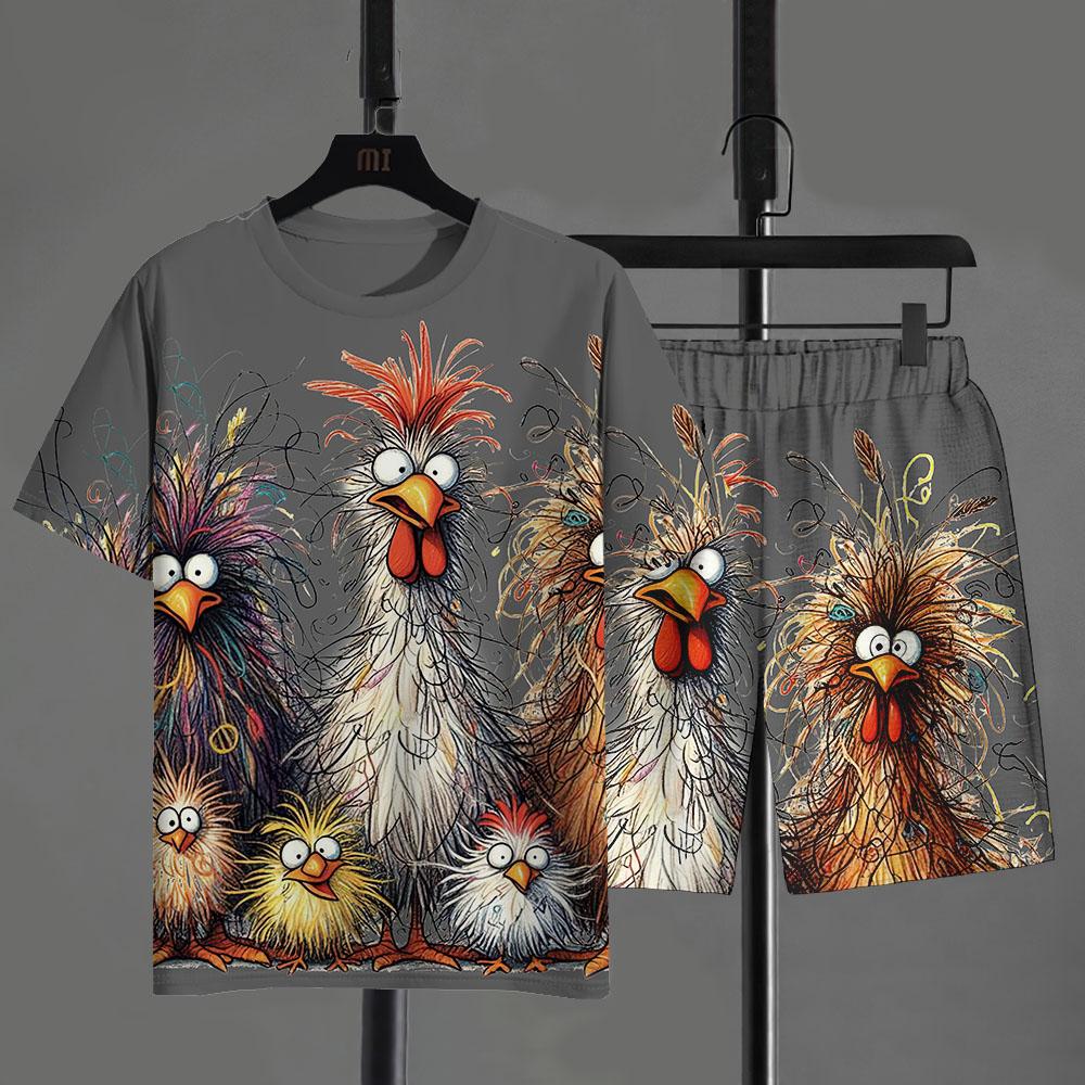 ETST 26 Grappige Heren T-shirt Broek Set Cartoon Kip Print Zomer Casual Korte Mouw Pullover T-shirts Buiten Mannen Oversized Kleding L