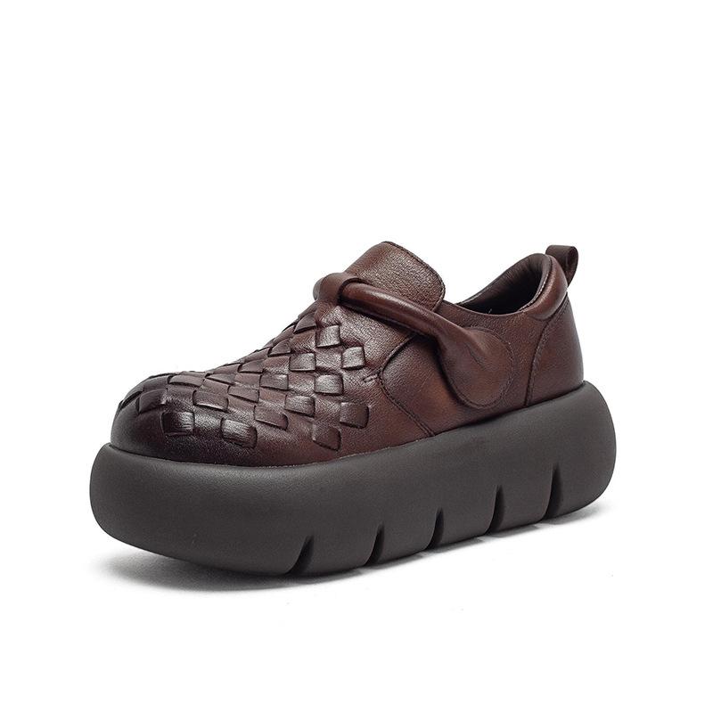 Spring Handwoven Comfortable Retro Loafers Two-Tone Full Cowhide Commuter Women Shoes