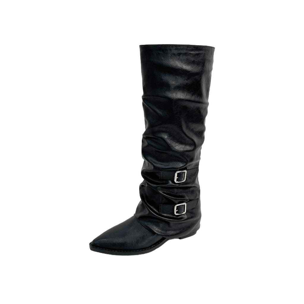 Pointed buckle pleated pile boots women's thick heel 2025 punk style knight boots fried street hot girl high heel boots