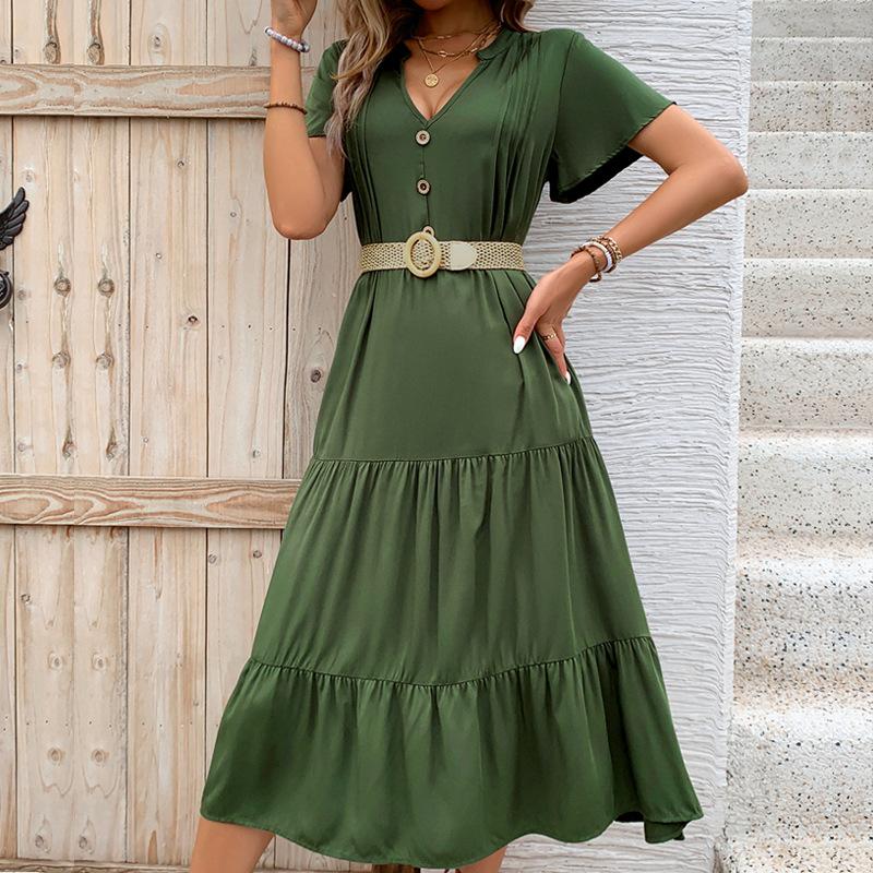 Women's Autumn Winter Temperament Lace Up Solid Color High Waist Long Short Pleated Dress
