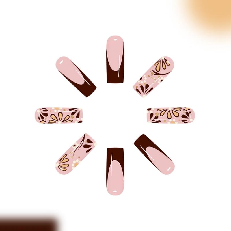 24PCS Shining Press On Nail French Floral Pattern Decoration Long Coffin False Nail Easy Application