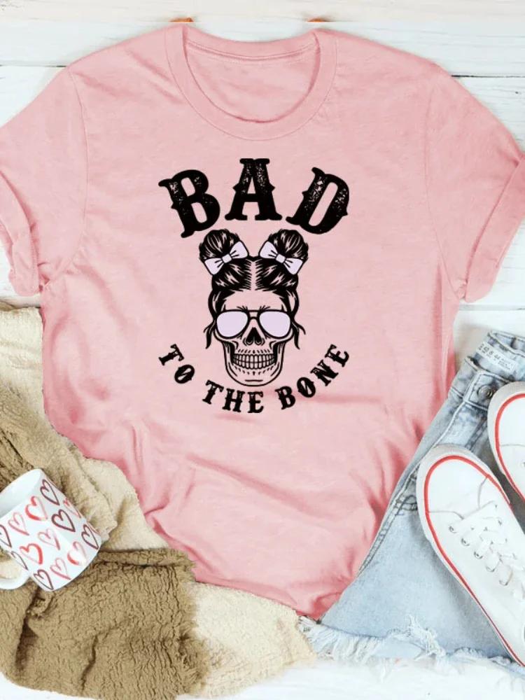 BAD TO THE BONE Skull Head Print Women T Shirt Short Sleeve O Neck Loose Women Tshirt Ladies Tee Shirt Tops Camisetas Mujer