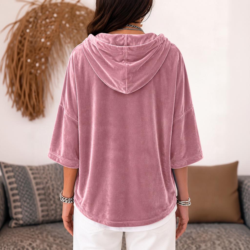 Women's Casual Velvet Hooded Top with Three-Quarter Sleeves Color