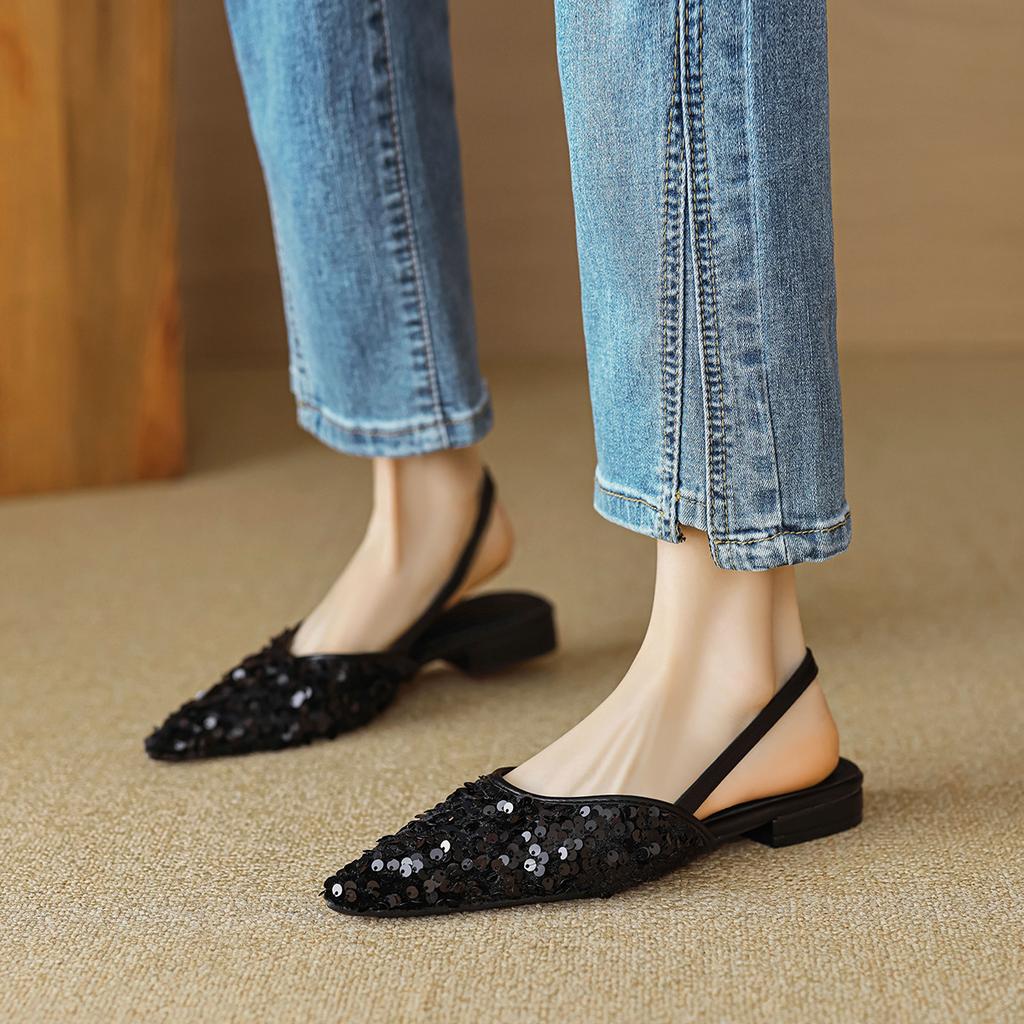 Mode designer spetsiga sandaletter med glitter för kvinnor sexig bakrem sommarskor för fest bling bling paljetter sandalias mujer stor storlek 43