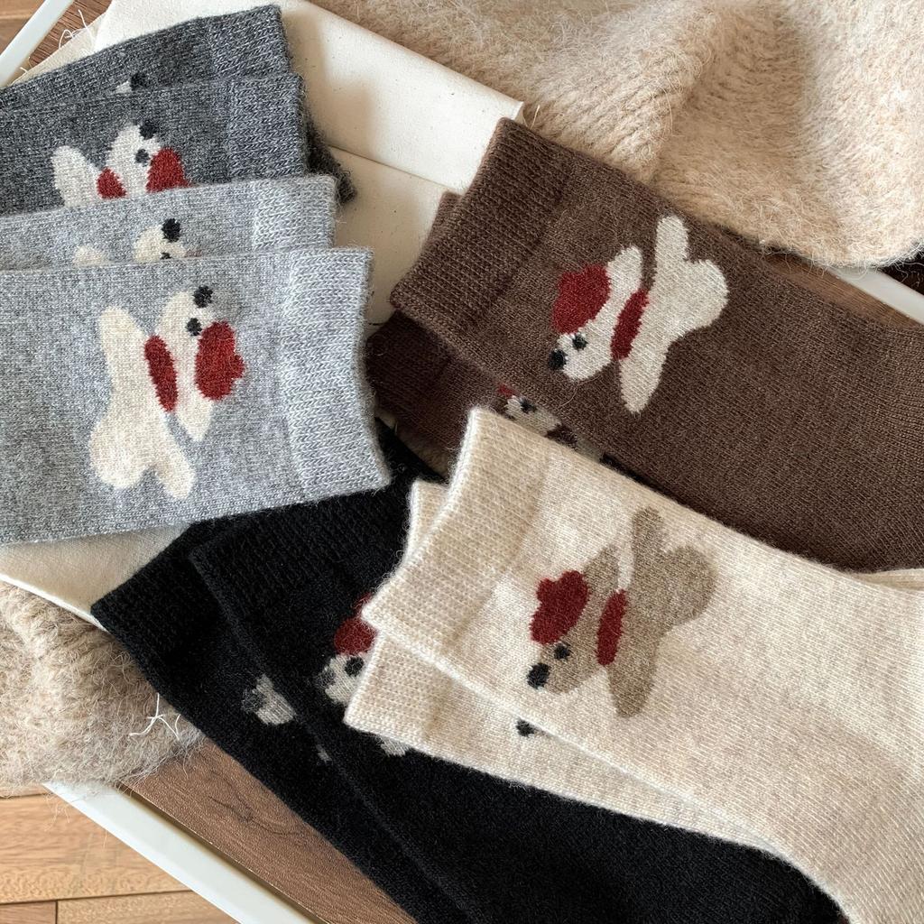 Verdickte Warme Wollsocken für Damen Cartoon Niedlich Schal Welpe Mittellange Socken Vielseitige Stapelsocken Weich Wachsig