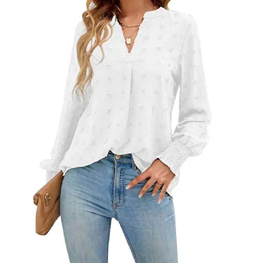 Women's Autumn New Arrivals Polka Dot Long Sleeve Bubble Sleeve V-Neck Blouse Top