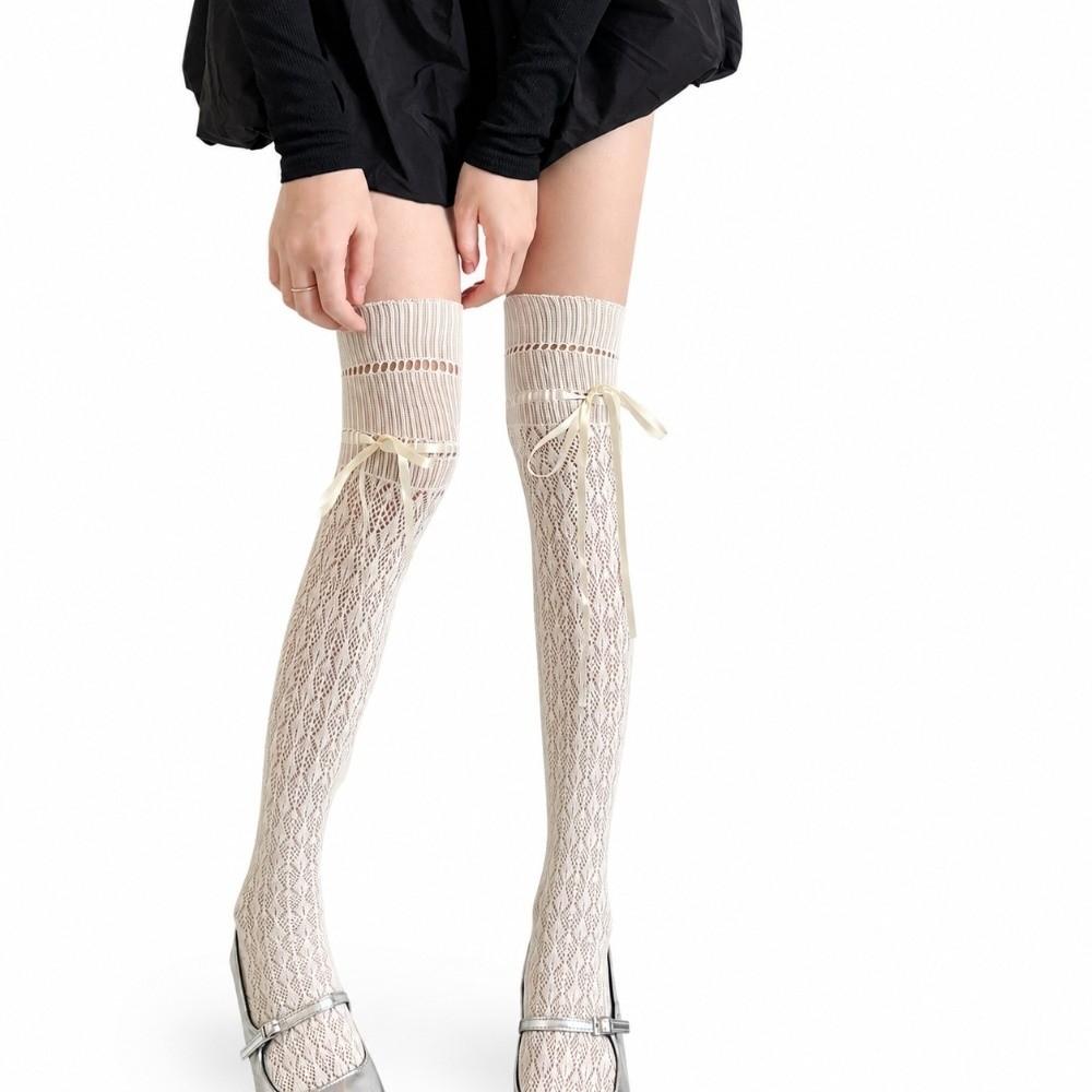 Hollow Out Lace Bow Stockings Sheer Mesh Knee High Socks New Lolita Stockings JK