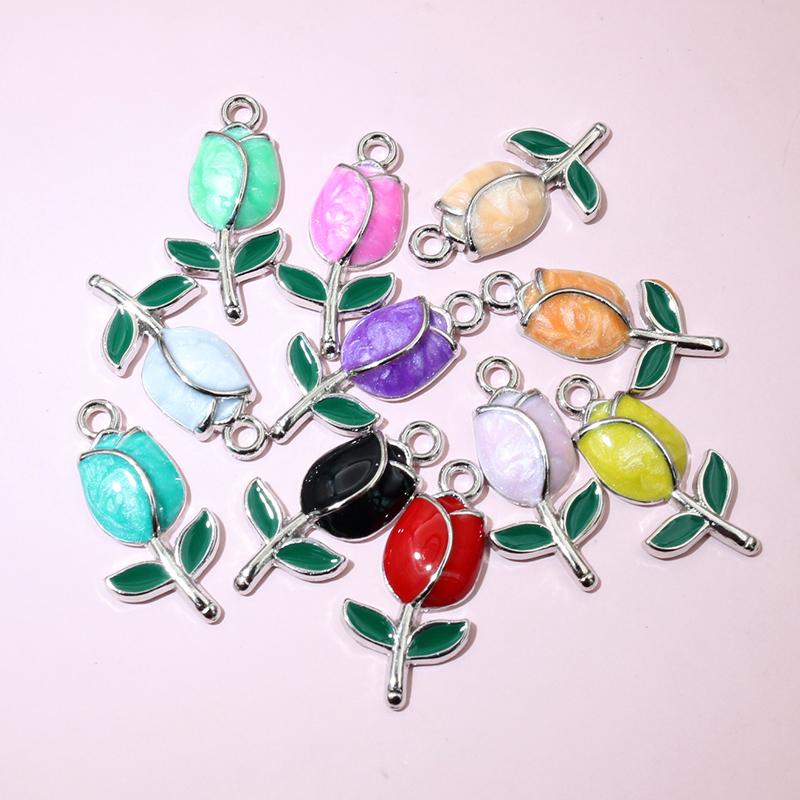 20pcs 21x10mm Enamel Rose Bud Flower Charms Pendant Alloy Metal DIY Jewelry Making Accessories Findings for Necklace Earrings