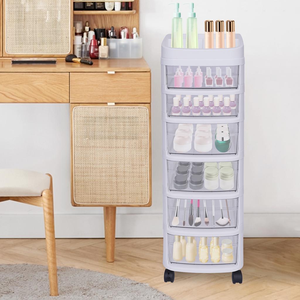 6-Tier Rolling Storage Cart W/ Drawers, Mobile Organizer Cabinet On Wheels, White Storage Tower for Bedroom Closet Organization