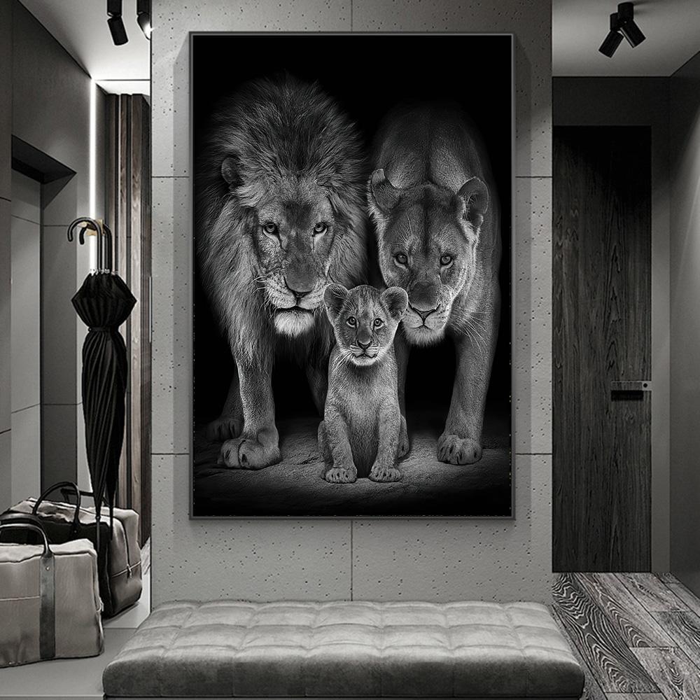 Pinturas artísticas de pared de la familia de leones africanos impresas en lienzo, carteles artísticos e impresiones de imágenes de animales en blanco y negro para la sala de estar