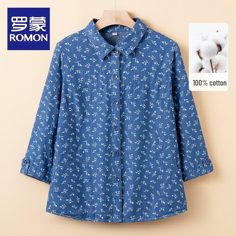 ROMON Women s Floral Cotton 3/4 Sleeve Shirt 3XL
