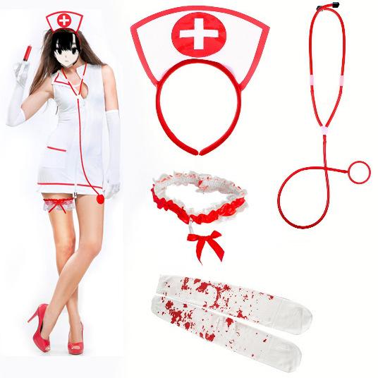 Halloween Nurse Headwear with Fake Stethoscope Pen Sexy Nurse Headwear Headband Lace Red Cute Cosplay Costume Birthday Makeup