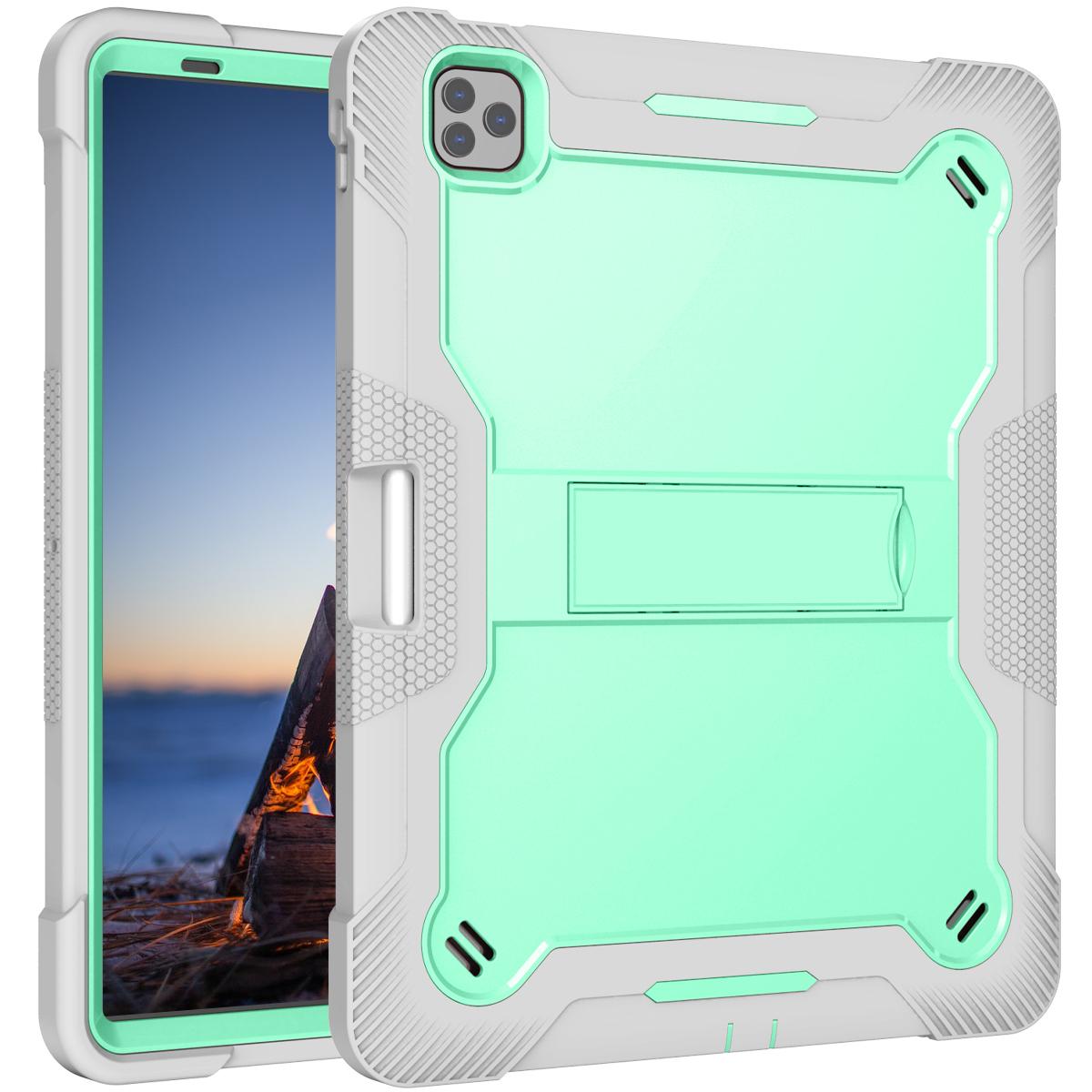 

Kickstand Tablet Case for iPad Pro 12.9 (2018)/(2020)/(2021)/(2022),Silicone+PC Protective Cover with Pencil Holder Grey+Mint Green
