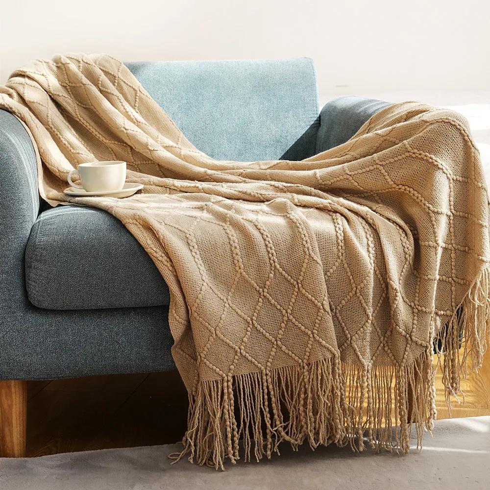 Nordic Knitted Throw Blankets with Tassels Khaki Cream Grey Vintage Blankets Luxury Bed Sofa Couch Oversized Bedspread Cover
