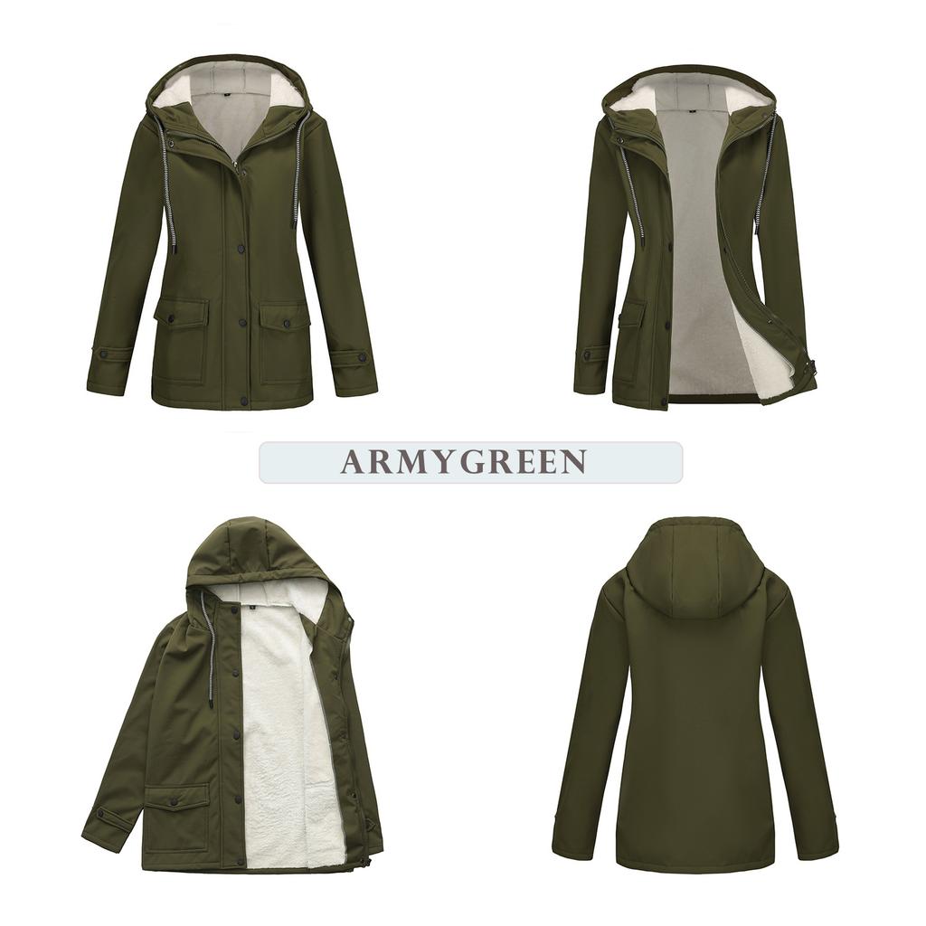 European and American Style Women's Hooded Windbreaker Coat, Fleece-lined, Waterproof, Suitable for Spring and Autumn.