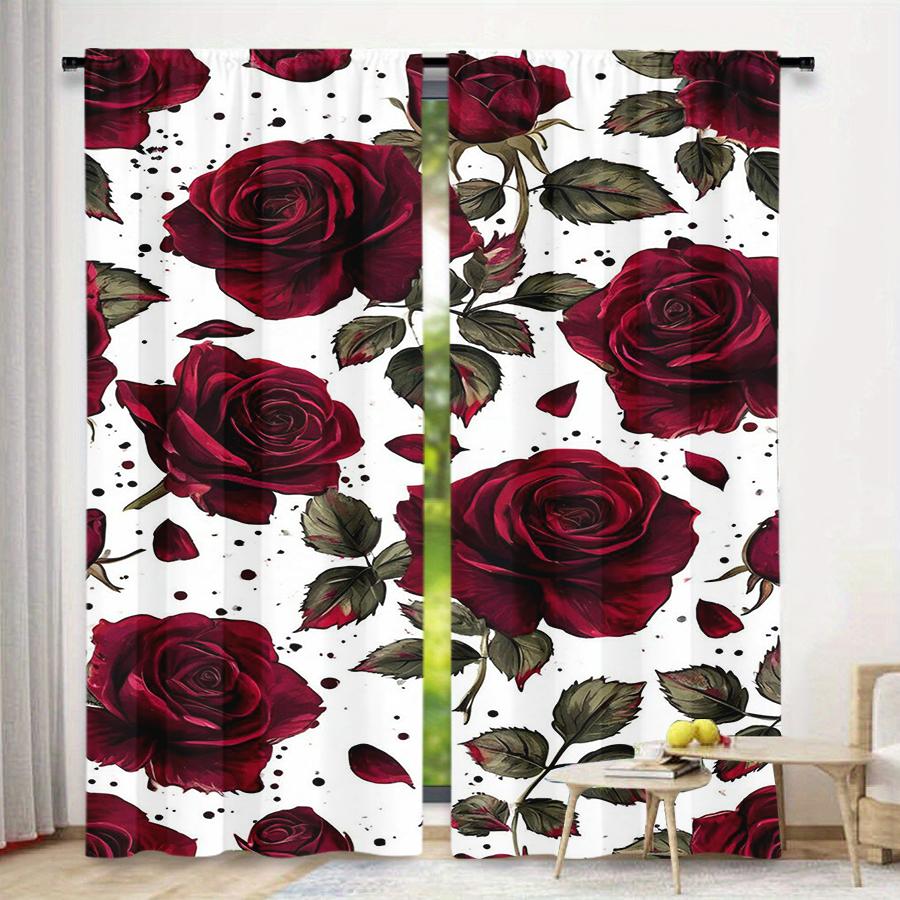 

Set Of 2 Elegant Burgundy Rose Curtains Watercolor Floral Design Sheer Fabric Living Room Bedroom Window Decor Curtain Light Filtering Polyester Ideal W100*H70(CM)-Grommet top&1PCS