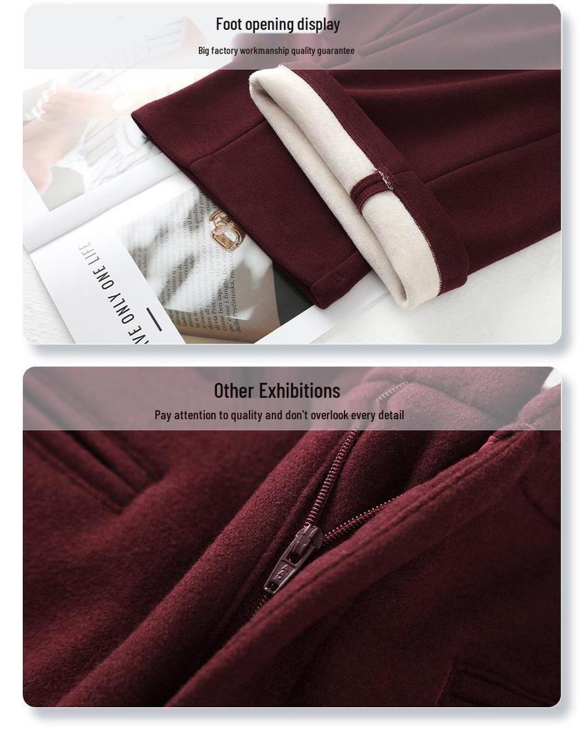 Ancola Women's Red Wool Pants: 2024 Autumn/Winter Plus Velvet Straight-Leg Wide-Leg Style