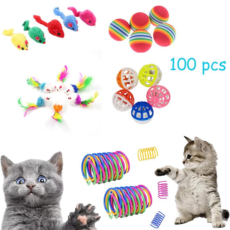 100PCS Cat Spring Toys Cat Mouse Ball Toys for Indoor Cat Colorful Durable Chewing Scratch EVA Ball Training Balls Pet Supplies