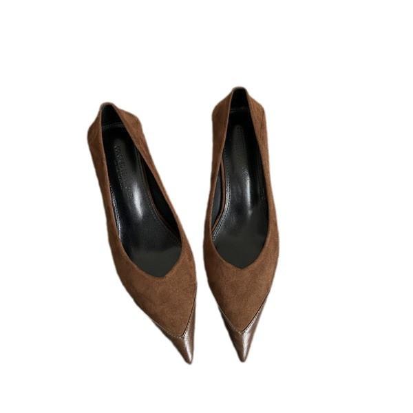 2025 Spring and Summer New Korean Version Fashion Temperament Suede Splicing High Heels Pointed High Heels Single Shoes