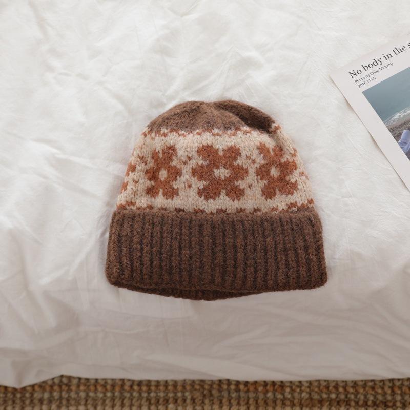 

Flower knitted Stylish and Warm Woolen Hat Children s Ear Protection for Autumn and Winter Round Face Cold Hat Winter Knitted Hat School Style One Size