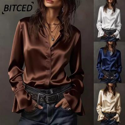 Women's Fashion Casual Solid Color Print Long Sleeve O-Neck Blouses & Shirts International Design