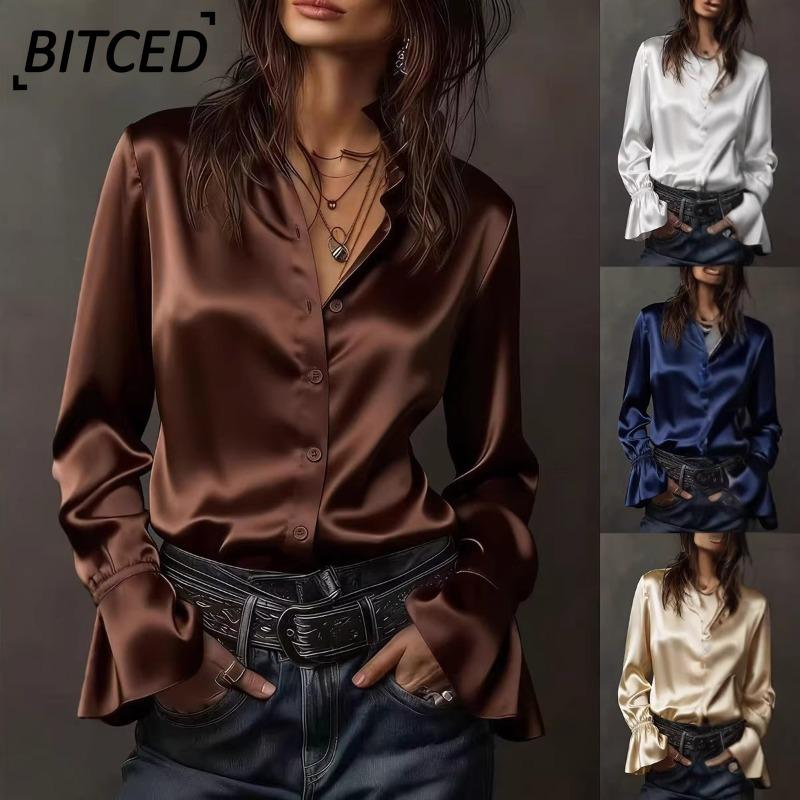 BITCED Women's Fashion Casual Solid Color Print Long Sleeve O-Neck Blouses & Shirts International Design