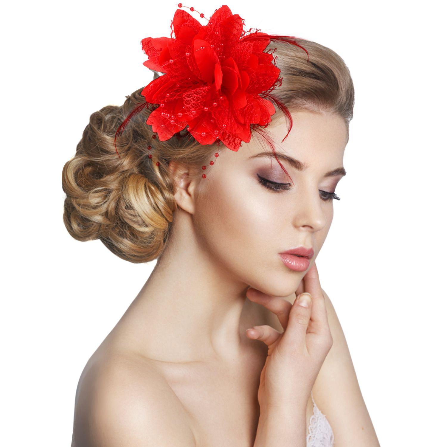 

Свадебная заколка для волос Головной убор Свадебные аксессуары для волос Шляпка-фасинатор Шляпа Федора Перья Заколка для волос красный