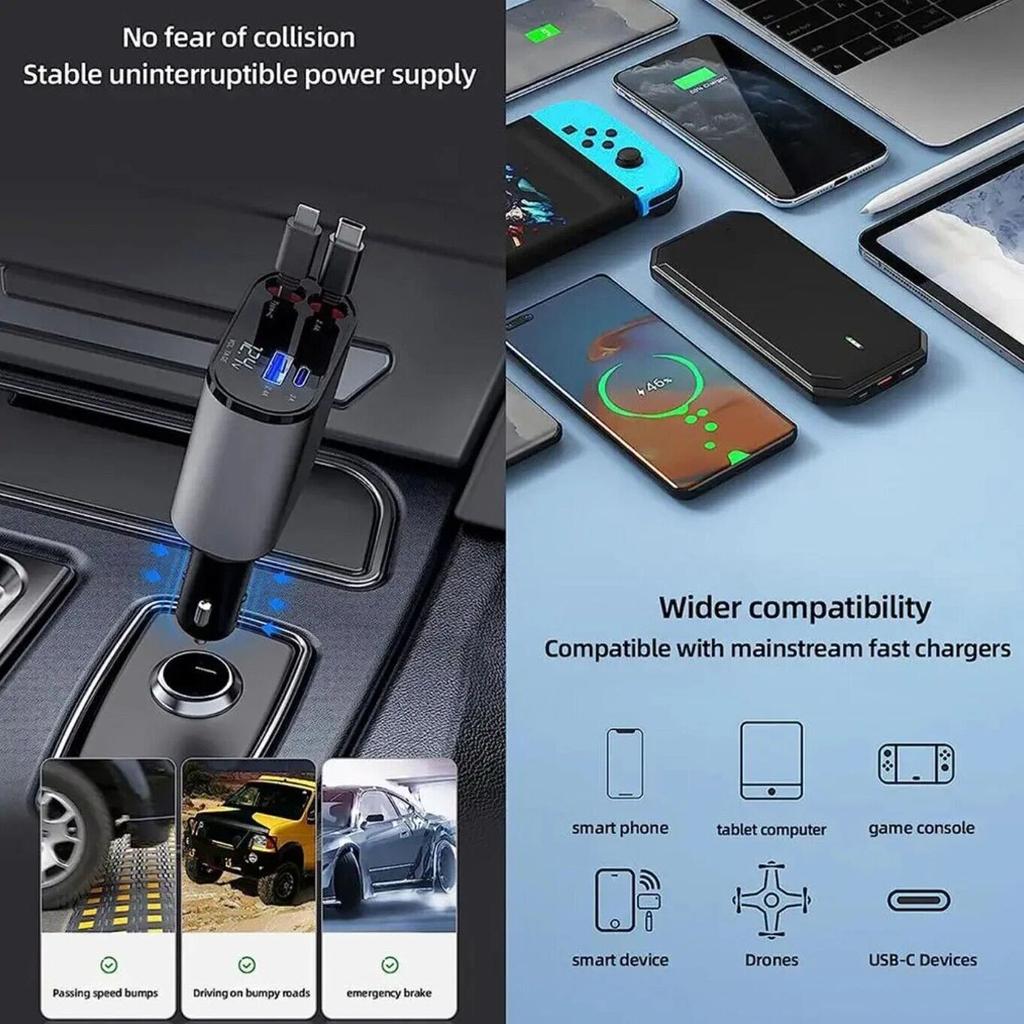 120W Super Fast Charging Car Charger With Retractable Cable And Multi-function Lighter With One-to-Two Flash Charge Adapter