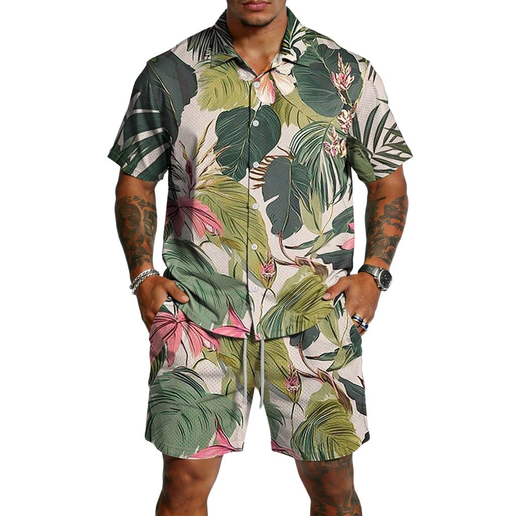 Men's Casual Printed Lightweight Breathable Shirt and Drawstring Shorts Set