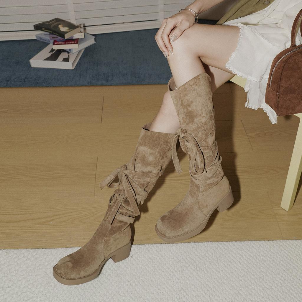 Main Push Edition~ Retro Wasteland Heel Wrap Strap Pile Boots Western Cowboy Boots But Knee Maillard Boots