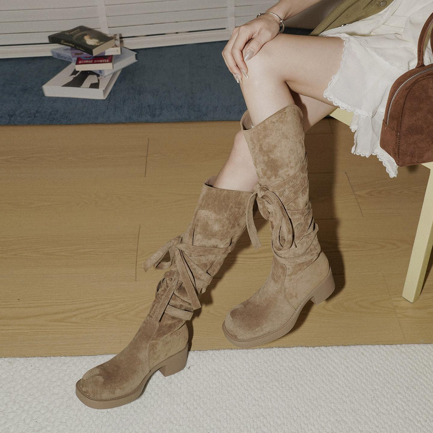 

Основное издание Push~ Ретро Пустошь Обхват пятки Ремешок Ботильоны на платформе Западные ковбойские сапоги До колена Ботинки Maillard 40